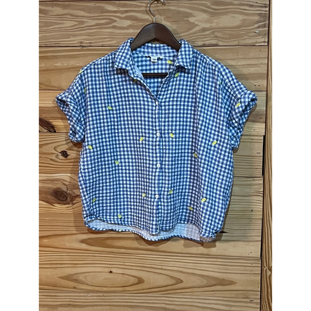 beachlunchlounge Womens L Gingham Blue White Gauzy Cotton Crop Top Embroidered